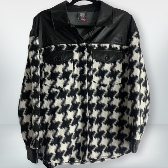 NWT Vince Camuto Textured Houndstooth & Faux Leather Button Down Jacket - Picture 2 of 12